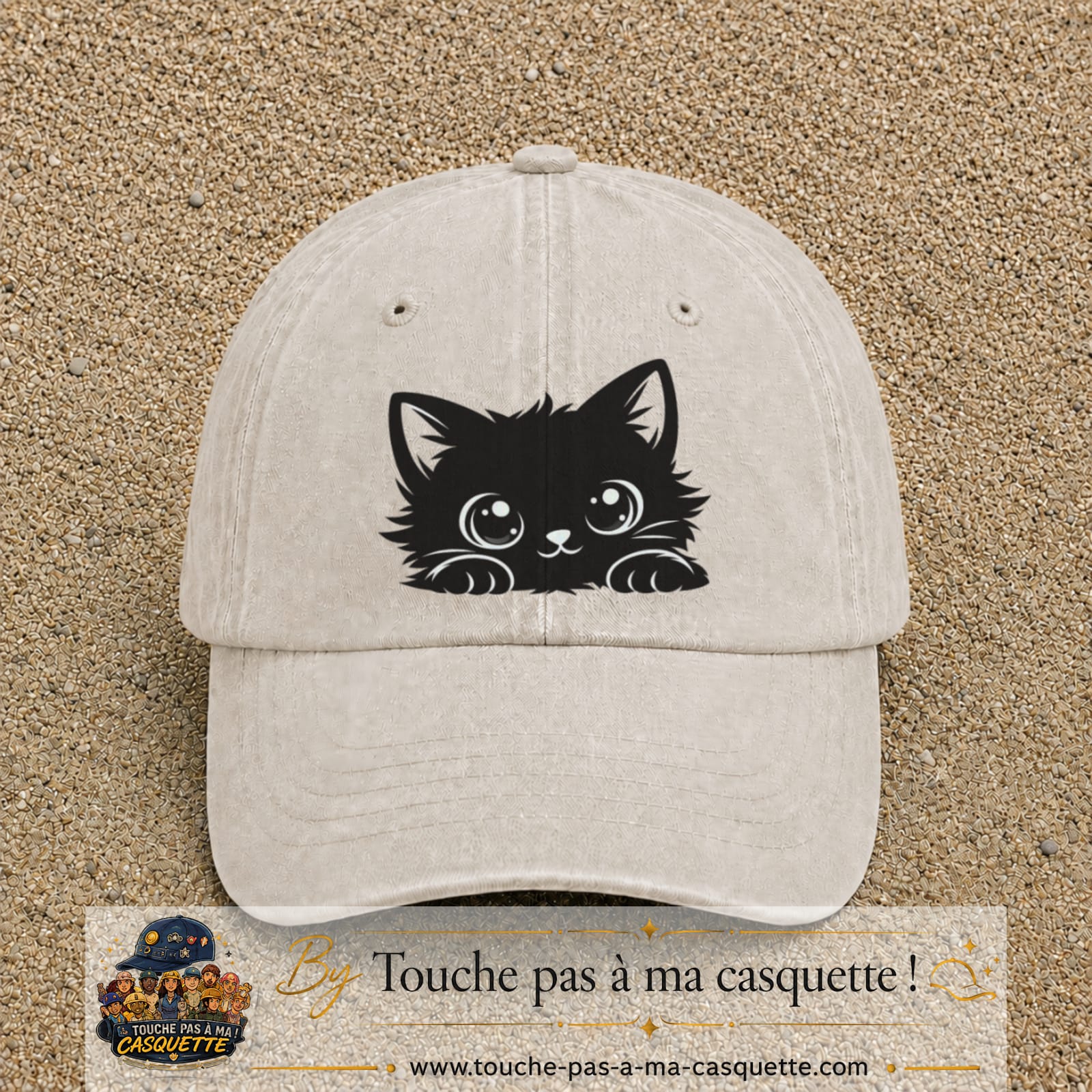 Image principale produit6grosBC - casquette Beige clair délavé avec visuel Chat noir adorable 7 cm