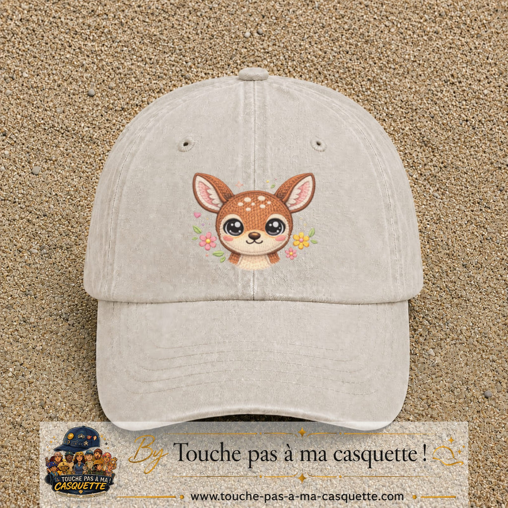 Image principale produit98grosBC - casquette Beige clair délavé avec visuel Faon fleuri 7 cm