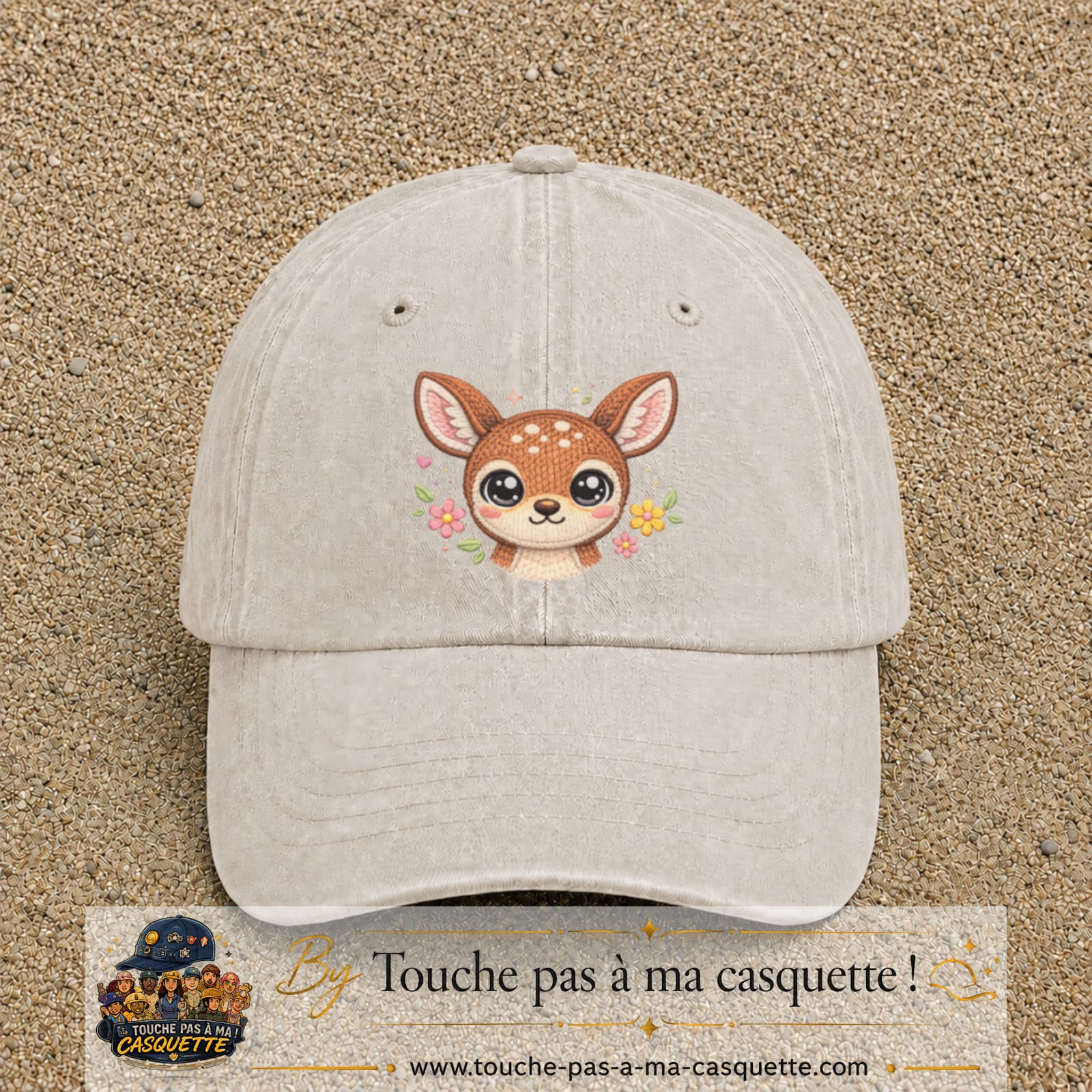 Image principale produit98grosBC - casquette Beige clair délavé avec visuel Faon fleuri 7 cm