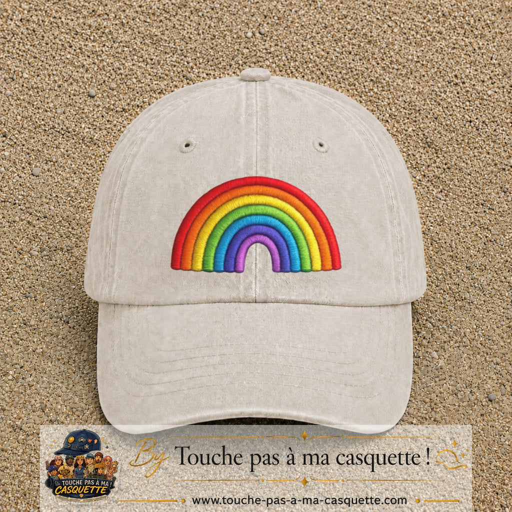 Image principale produit24grosBC - casquette Beige clair délavé avec visuel Arc-en-ciel 7 cm