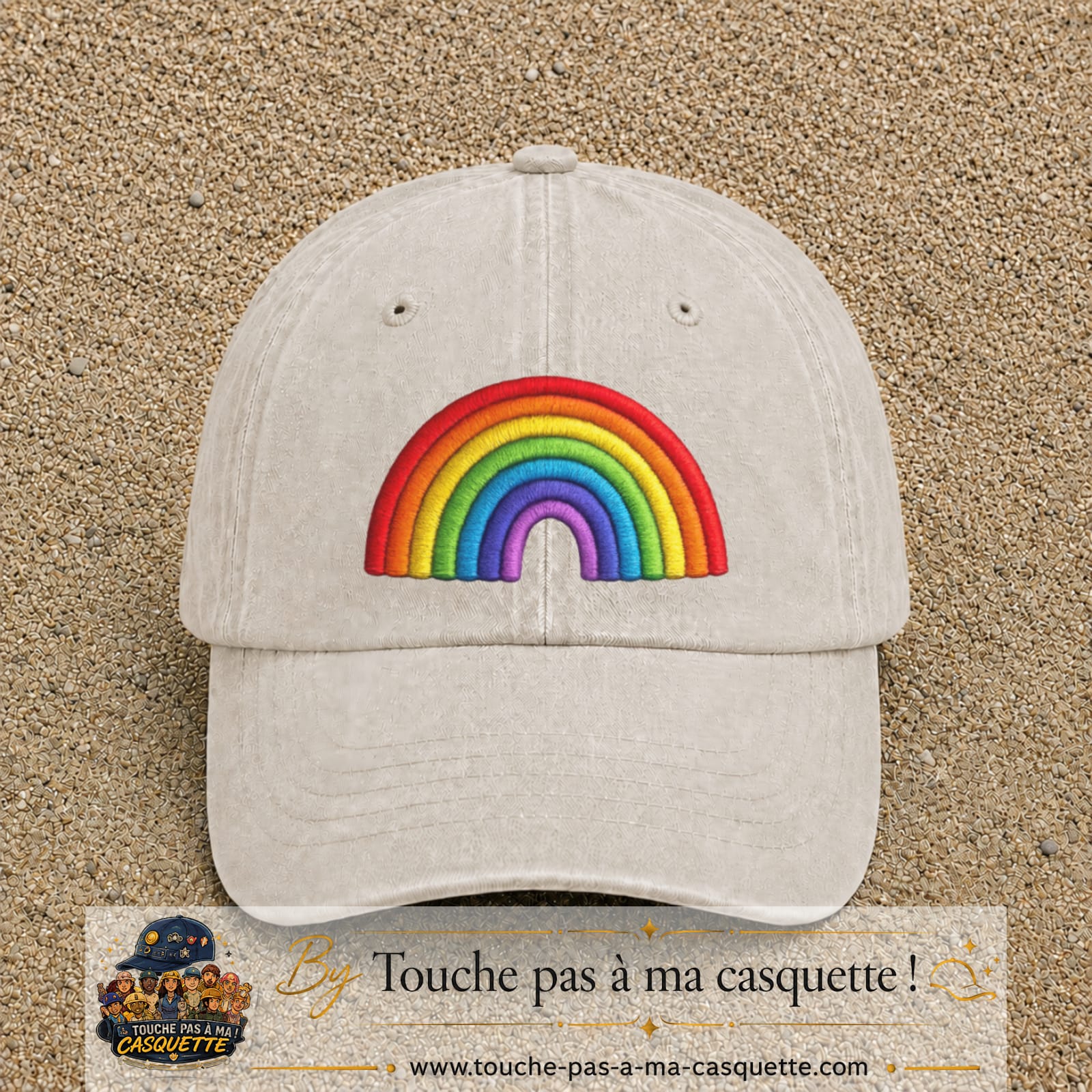 Image principale produit24grosBC - casquette Beige clair délavé avec visuel Arc-en-ciel 7 cm