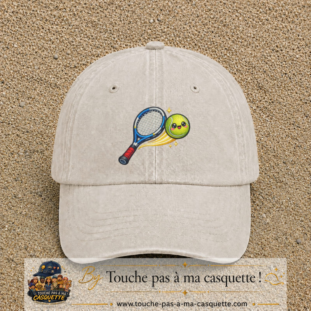 Image principale produit80grosBC - casquette Beige clair délavé avec visuel Tennis raquette balle 7 cm