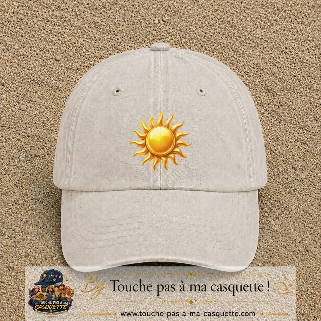 Image principale produit102grosBC - casquette Beige clair délavé avec visuel Soleil brillant 7 cm