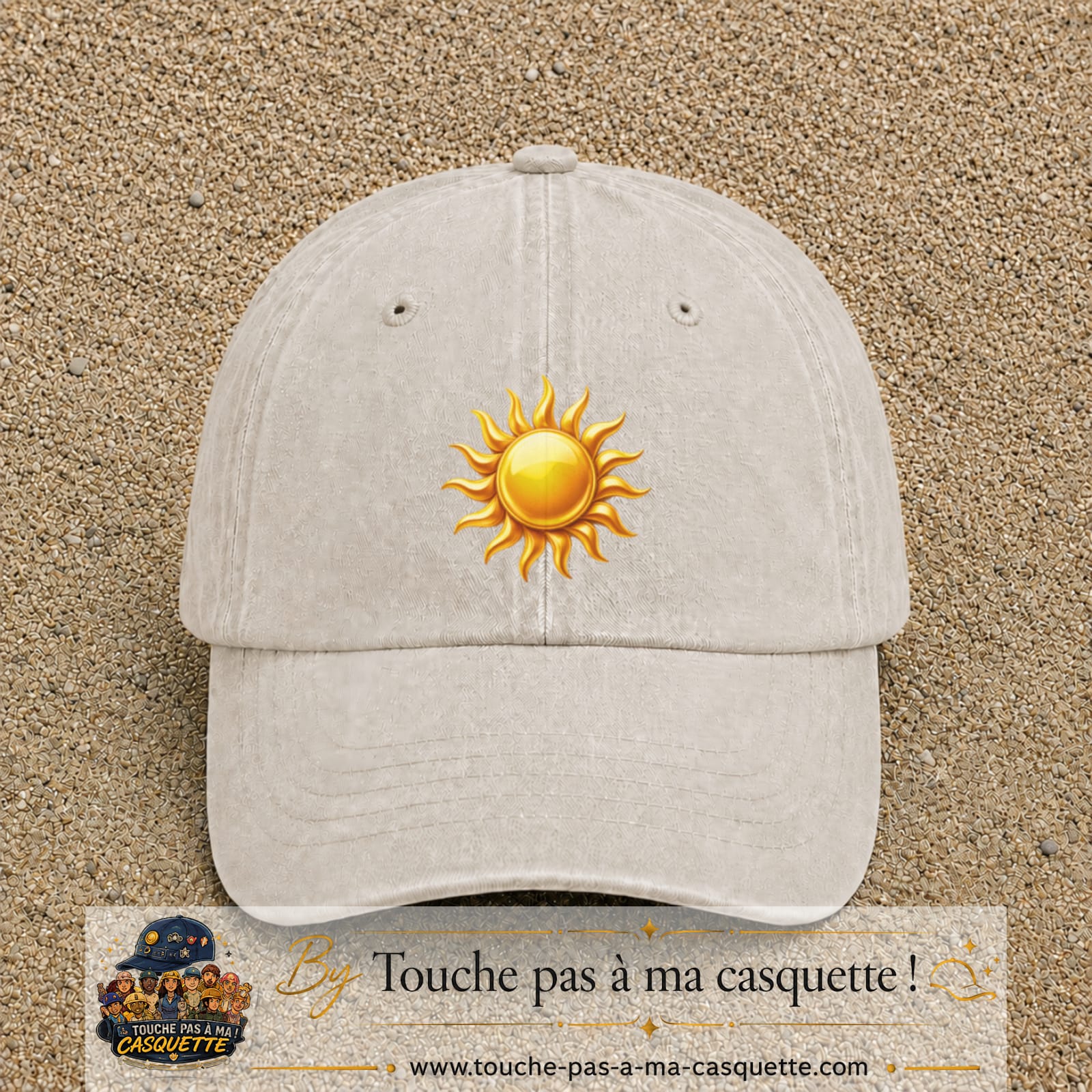 Image principale produit102grosBC - casquette Beige clair délavé avec visuel Soleil brillant 7 cm