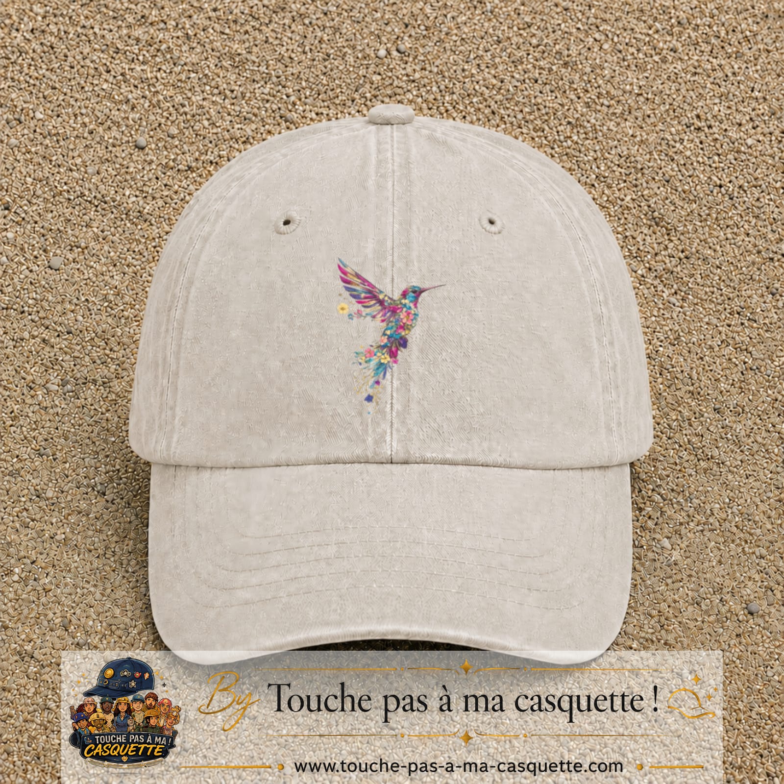 Image principale produit196grosBC - casquette Beige clair délavé avec visuel Colibri fleurs 7 cm