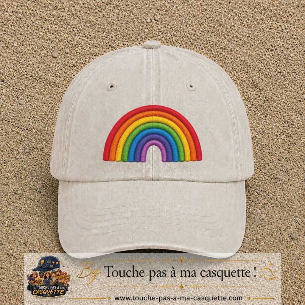 Image principale produit187grosBC - casquette Beige clair délavé avec visuel Arc-en-ciel 7 cm