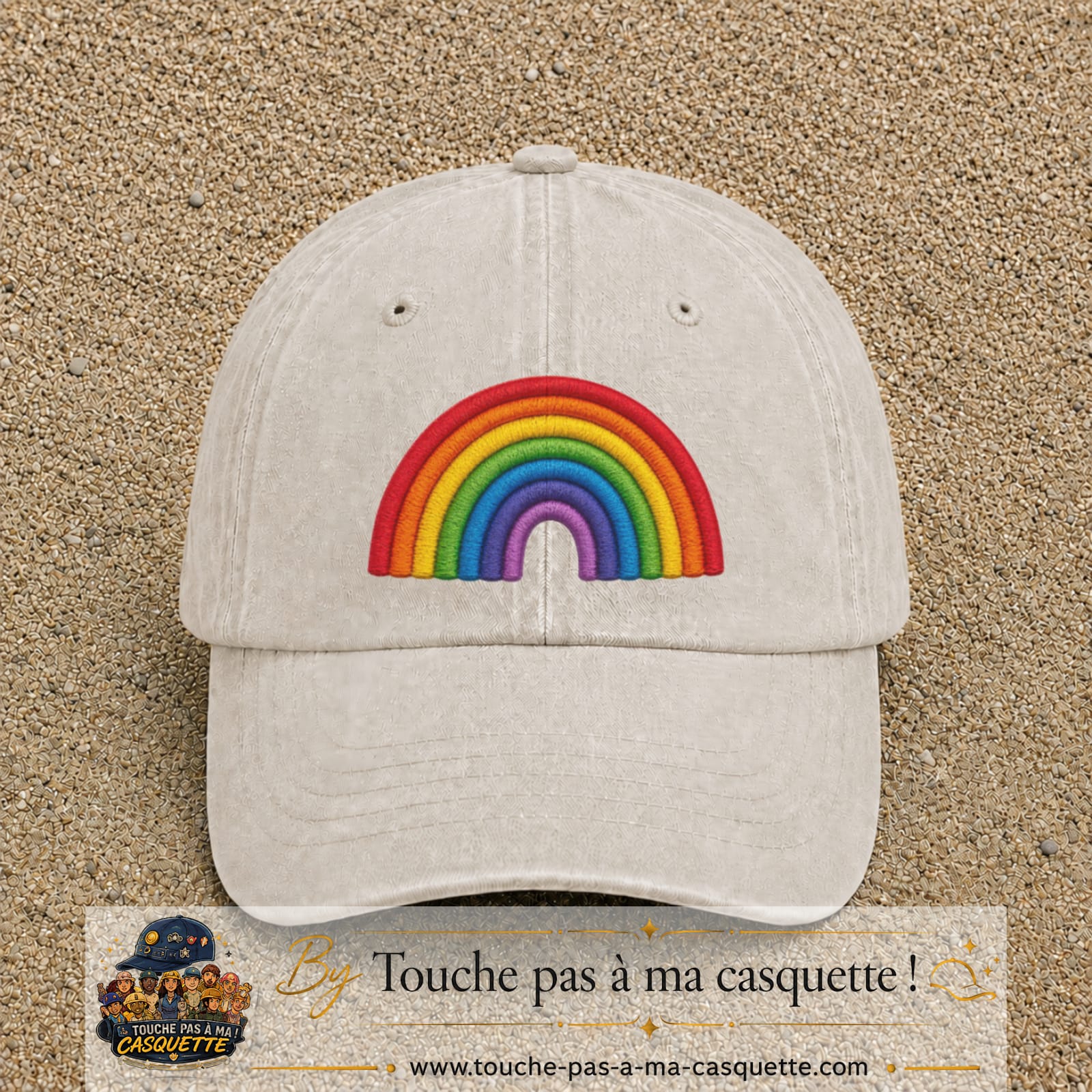 Image principale produit187grosBC - casquette Beige clair délavé avec visuel Arc-en-ciel 7 cm