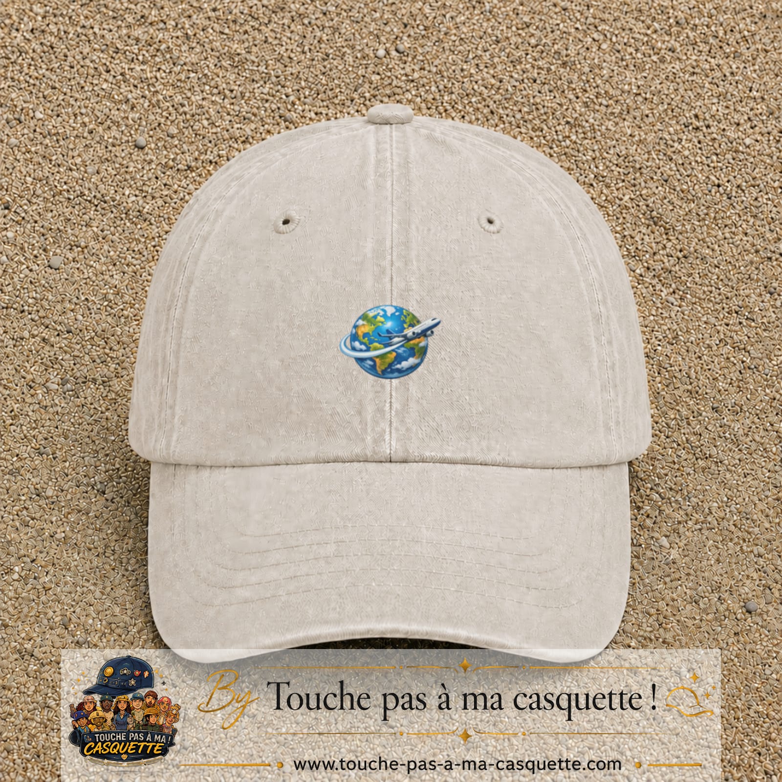 Image principale produit82petitBC - casquette Beige clair délavé avec visuel Monde avion 3 cm