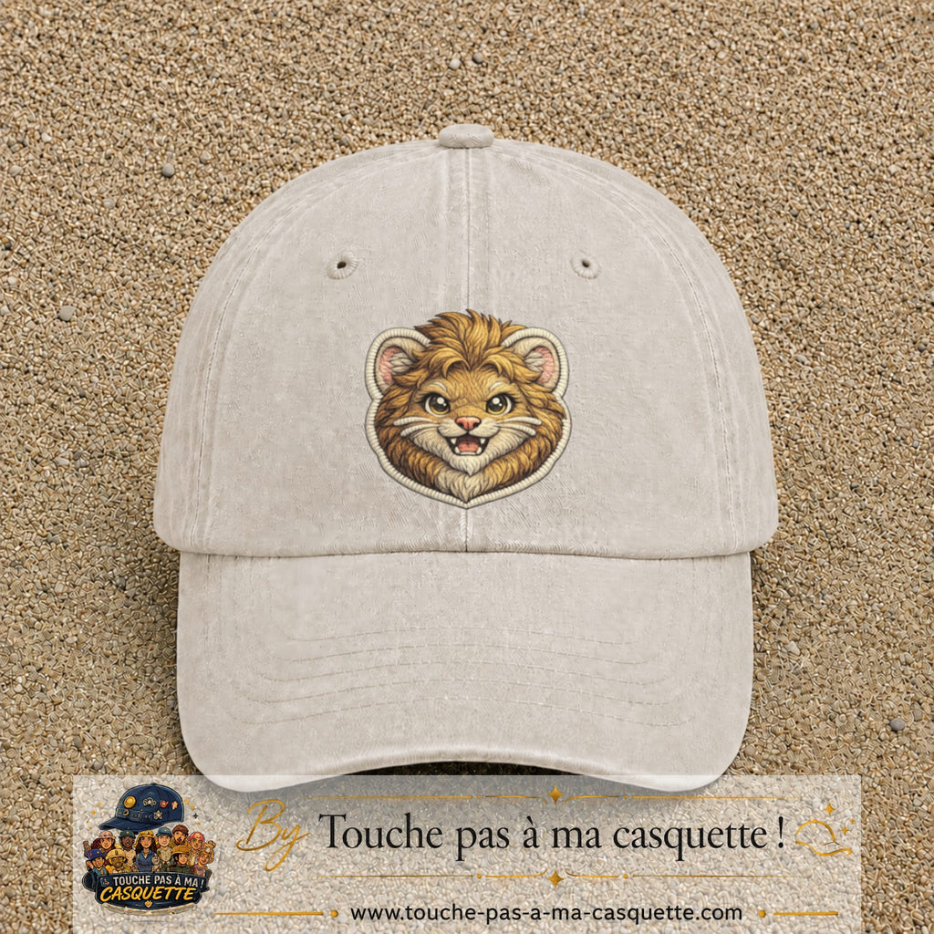 Image principale produit39grosBC - casquette Beige clair délavé avec visuel Lion souriant 7 cm