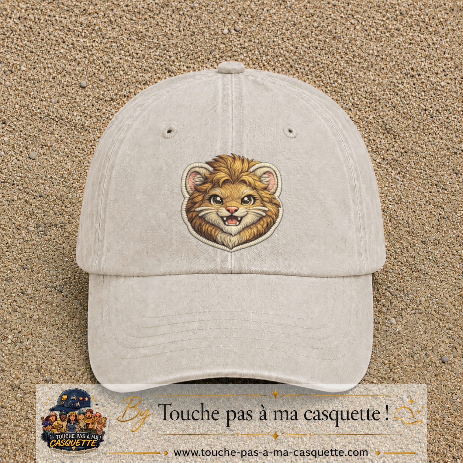 Image principale produit39grosBC - casquette Beige clair délavé avec visuel Lion souriant 7 cm
