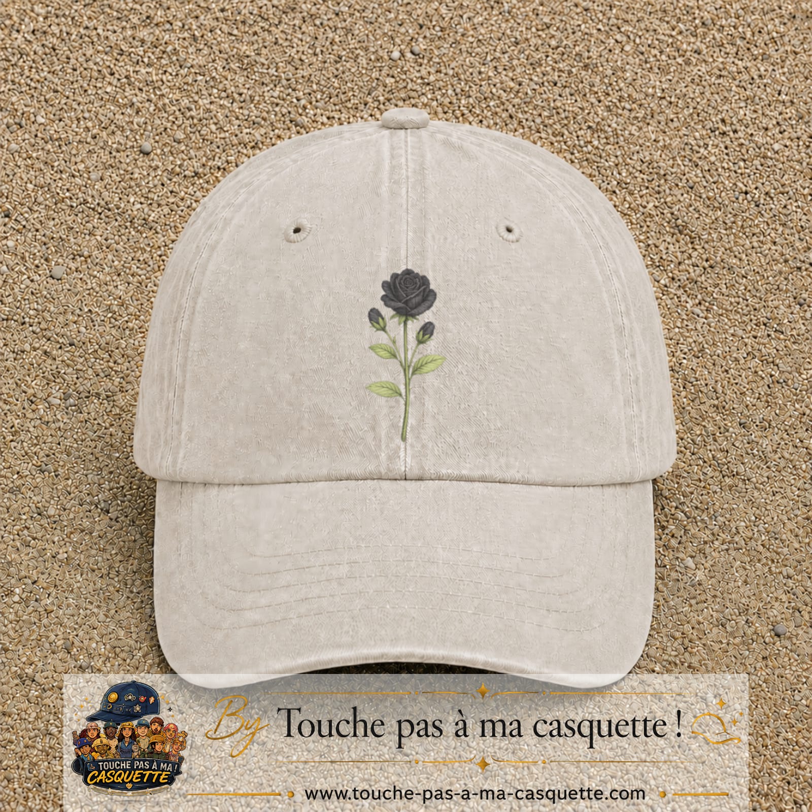 Image principale produit51grosBC - casquette Beige clair délavé avec visuel Rose noire 7 cm