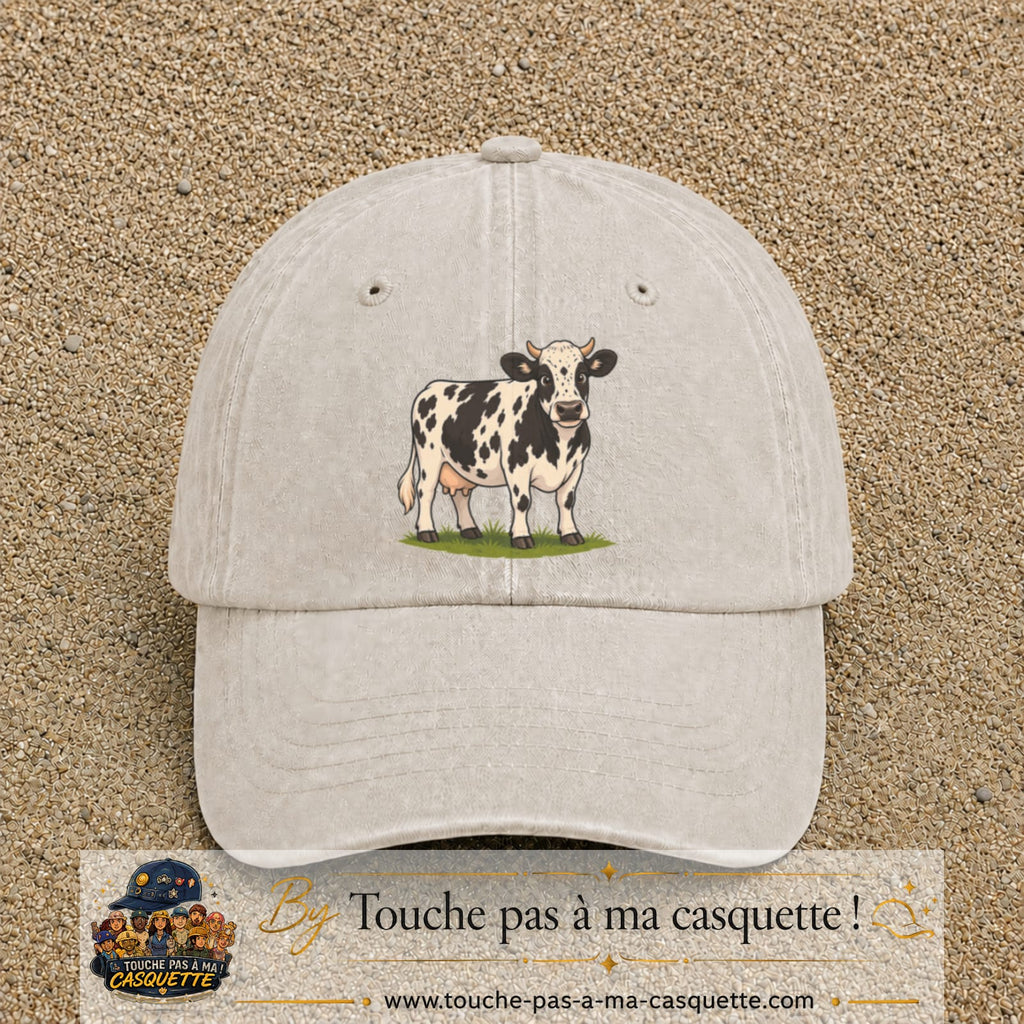Image principale produit69grosBC - casquette Beige clair délavé avec visuel Vache noir blanc 7 cm