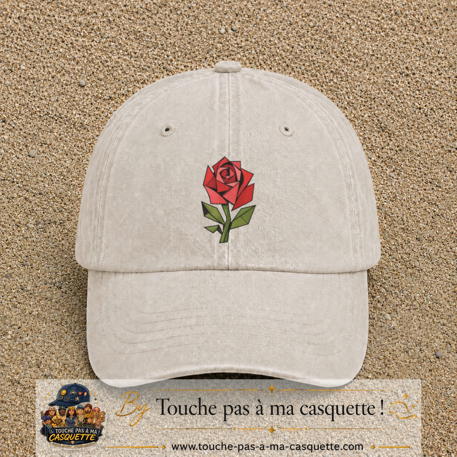 Image principale produit147grosBC - casquette Beige clair délavé avec visuel Rose géométrique 7 cm