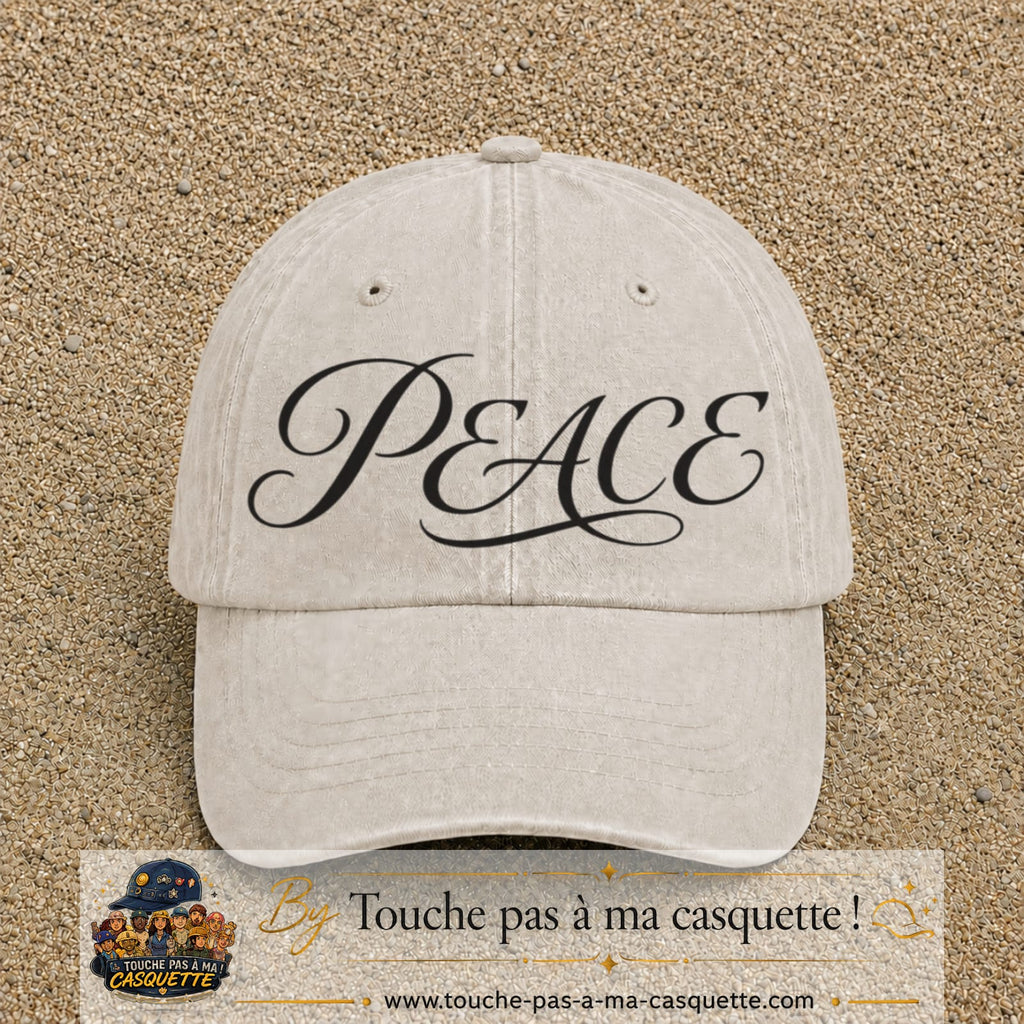 Image principale produit132grosBC - casquette Beige clair délavé avec visuel Peace calligraphie 7 cm
