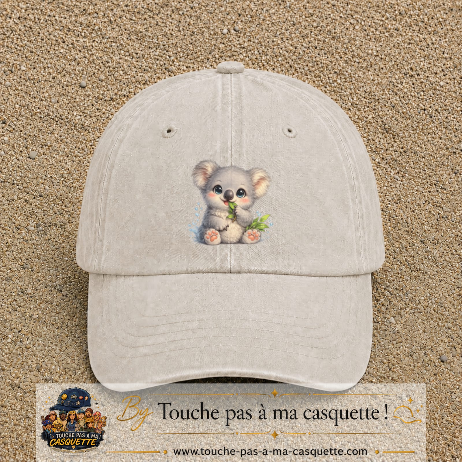 Image principale produit87grosBC - casquette Beige clair délavé avec visuel Koala bambou 7 cm