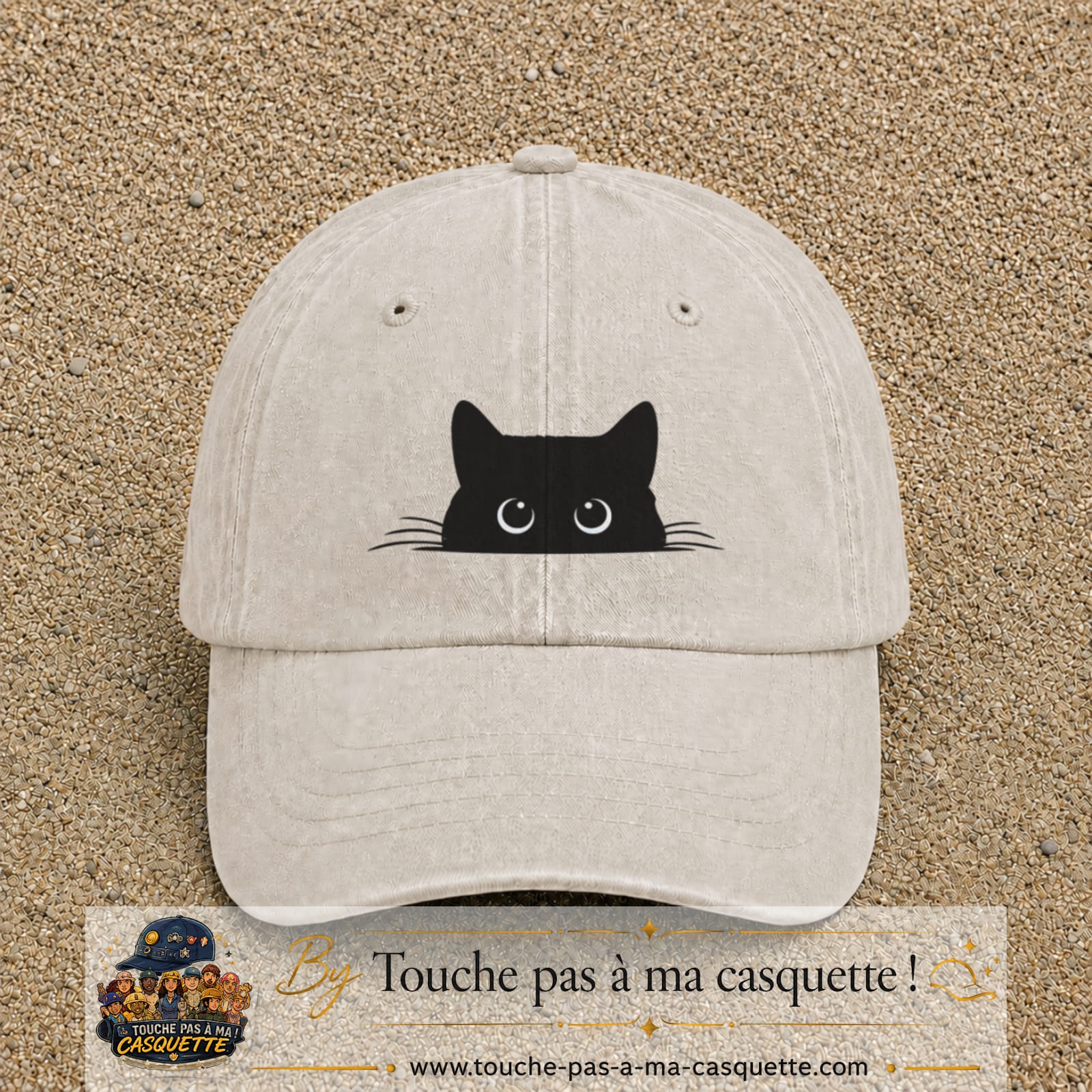 Image principale produit16moyenBC - casquette Beige clair délavé avec visuel Chat noir caché yeux ronds 5 cm