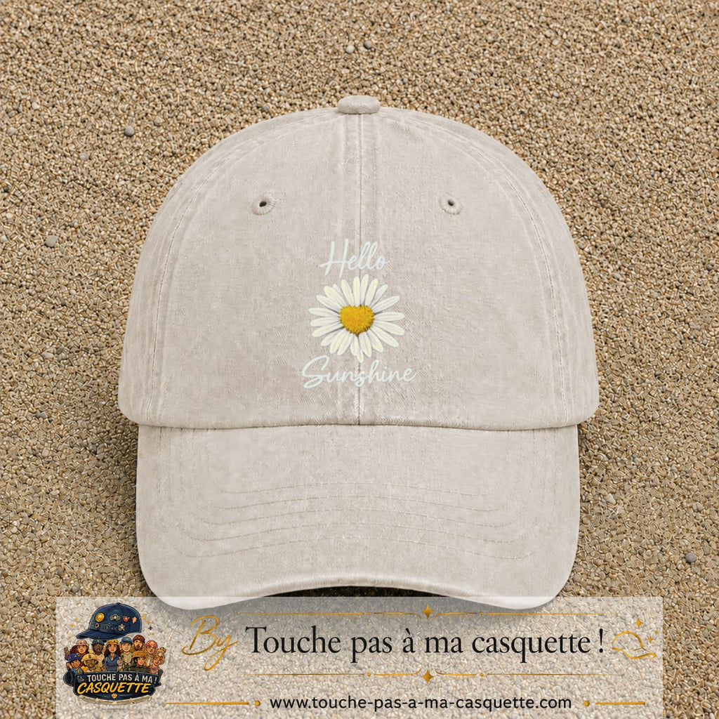 Image principale produit29grosBC - casquette Beige clair délavé avec visuel Hello sunshine marguerite blanc 7 cm