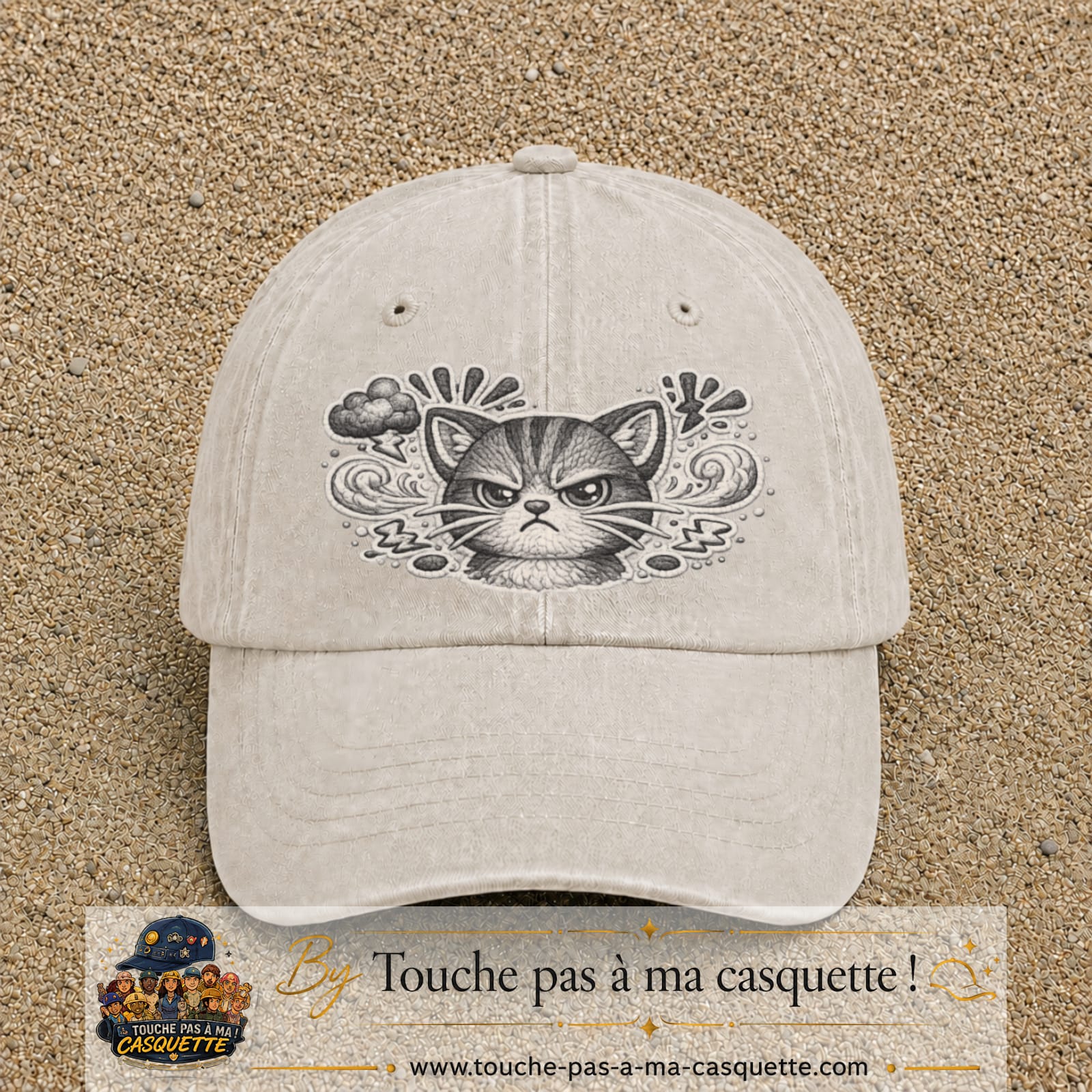 Image principale produit1grosBC - casquette Beige clair délavé avec visuel Chat colère ornemental 7 cm
