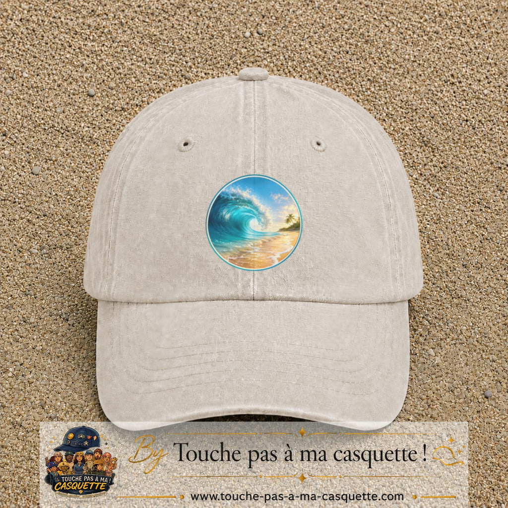 Image principale produit175grosBC - casquette Beige clair délavé avec visuel Vague plage 7 cm