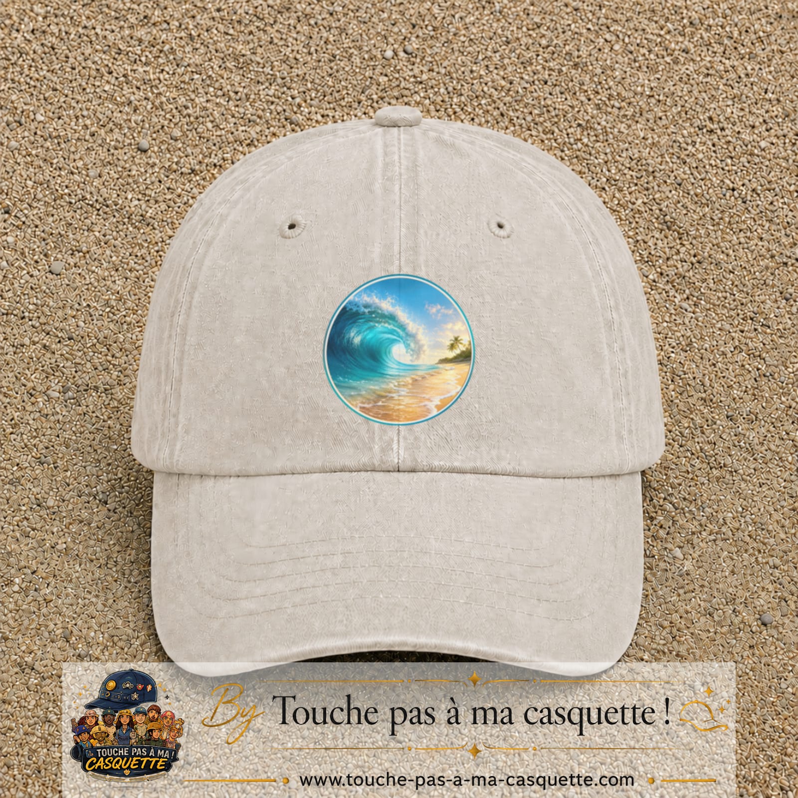 Image principale produit175grosBC - casquette Beige clair délavé avec visuel Vague plage 7 cm