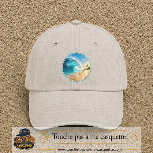 Image principale produit175grosBC - casquette Beige clair délavé avec visuel Vague plage 7 cm