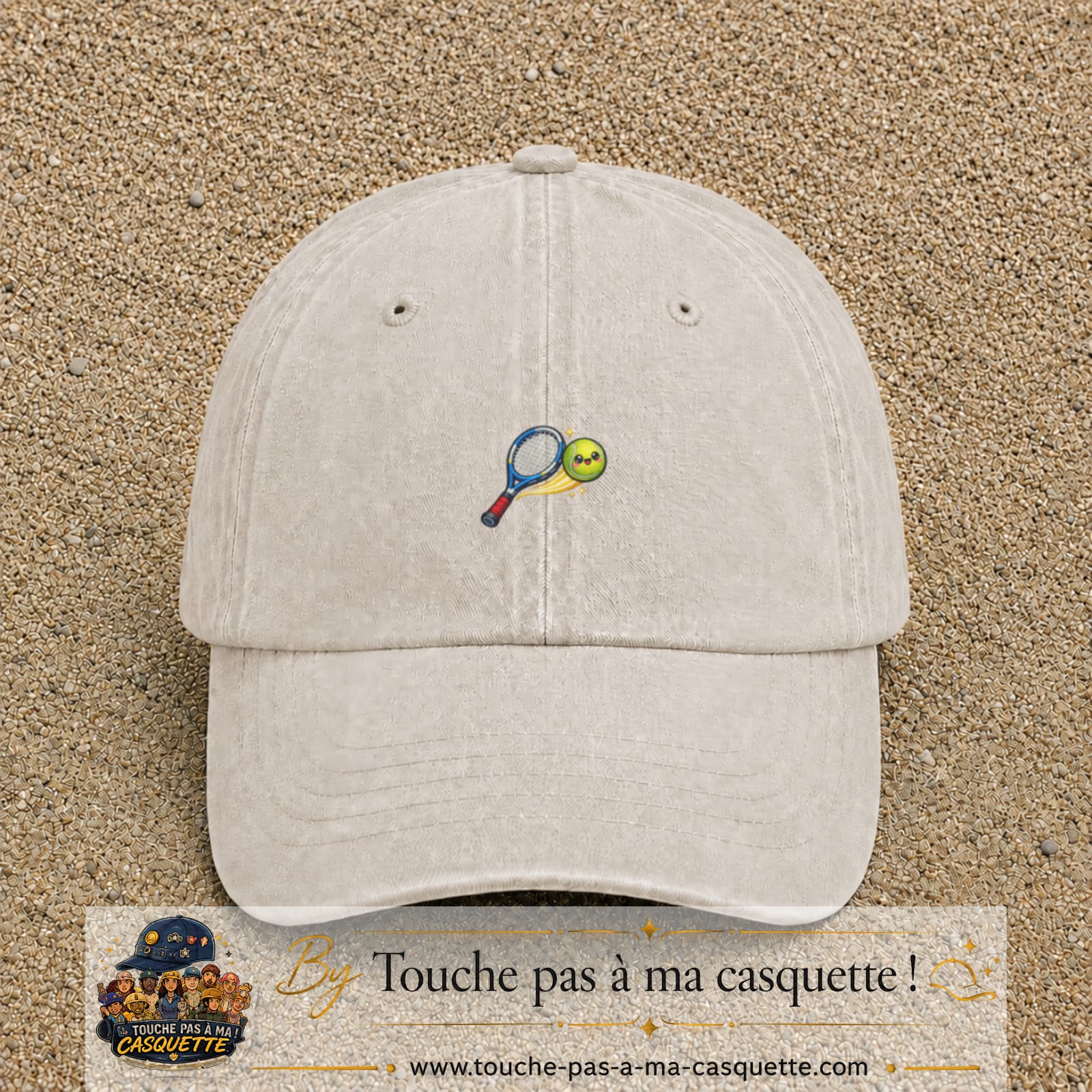 Image principale produit80petitBC - casquette Beige clair délavé avec visuel Tennis raquette balle 3 cm