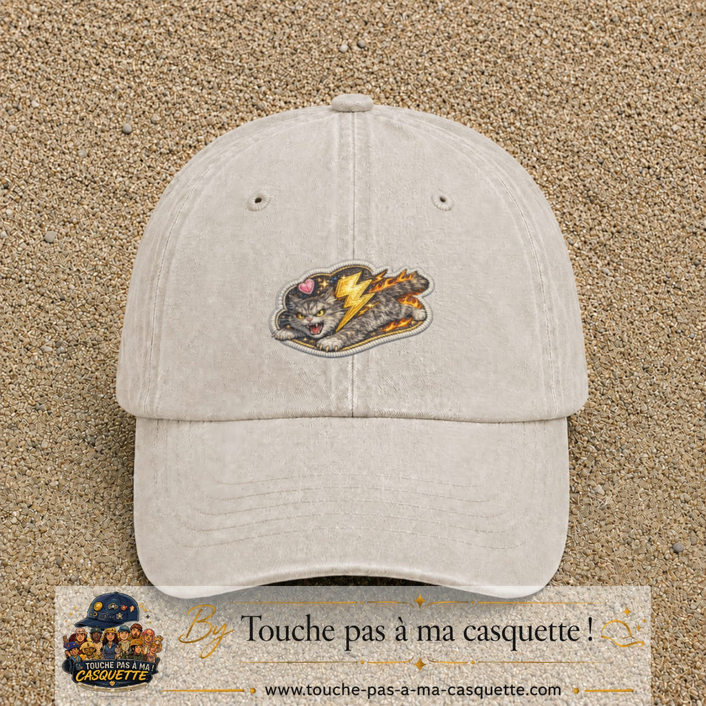 Image principale produit78moyenBC - casquette Beige clair délavé avec visuel Chat éclair 5 cm