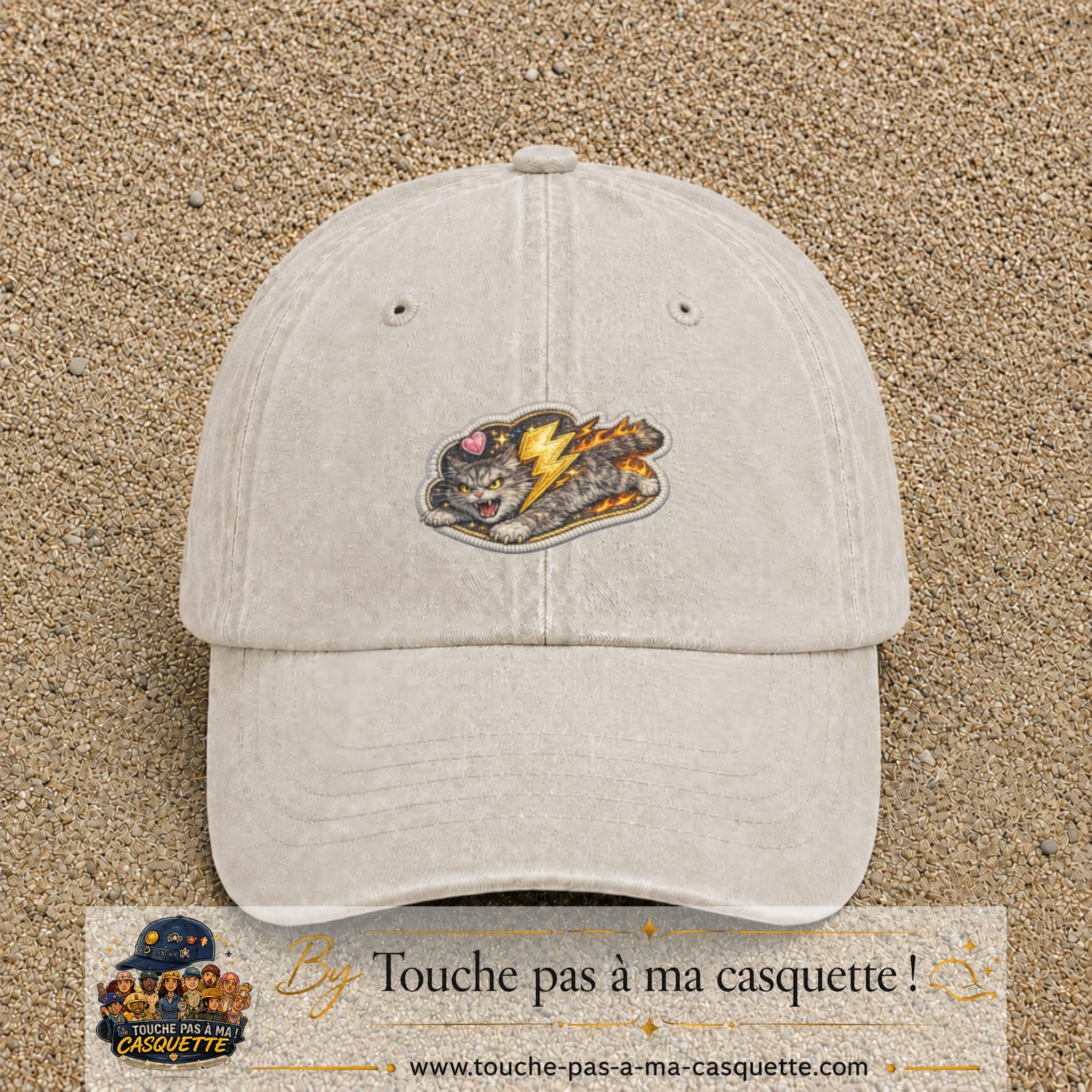 Image principale produit78moyenBC - casquette Beige clair délavé avec visuel Chat éclair 5 cm