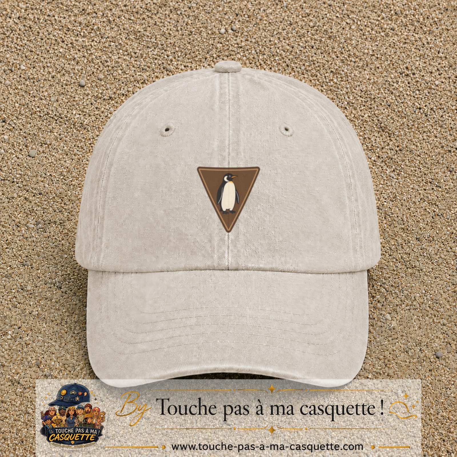 Casquette baseball Beige clair délavé 100% coton avec visuel Pingouin panneau 5 cm - image produit principale