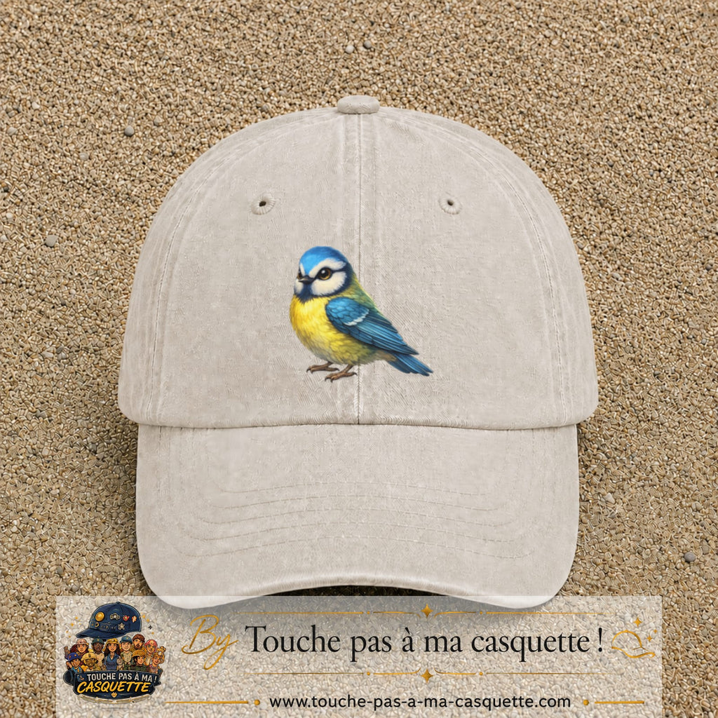Casquette baseball Beige clair délavé 100% coton avec visuel Mésange bleue 7 cm - image produit principale