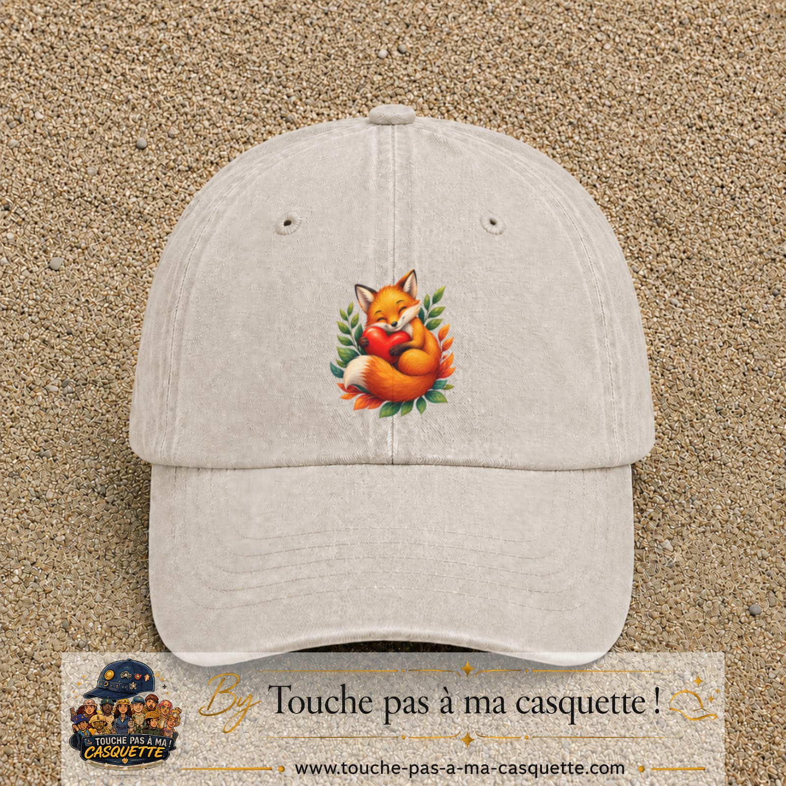 Casquette baseball Beige clair délavé 100% coton avec motif Renard au cœur 7 cm - image principale