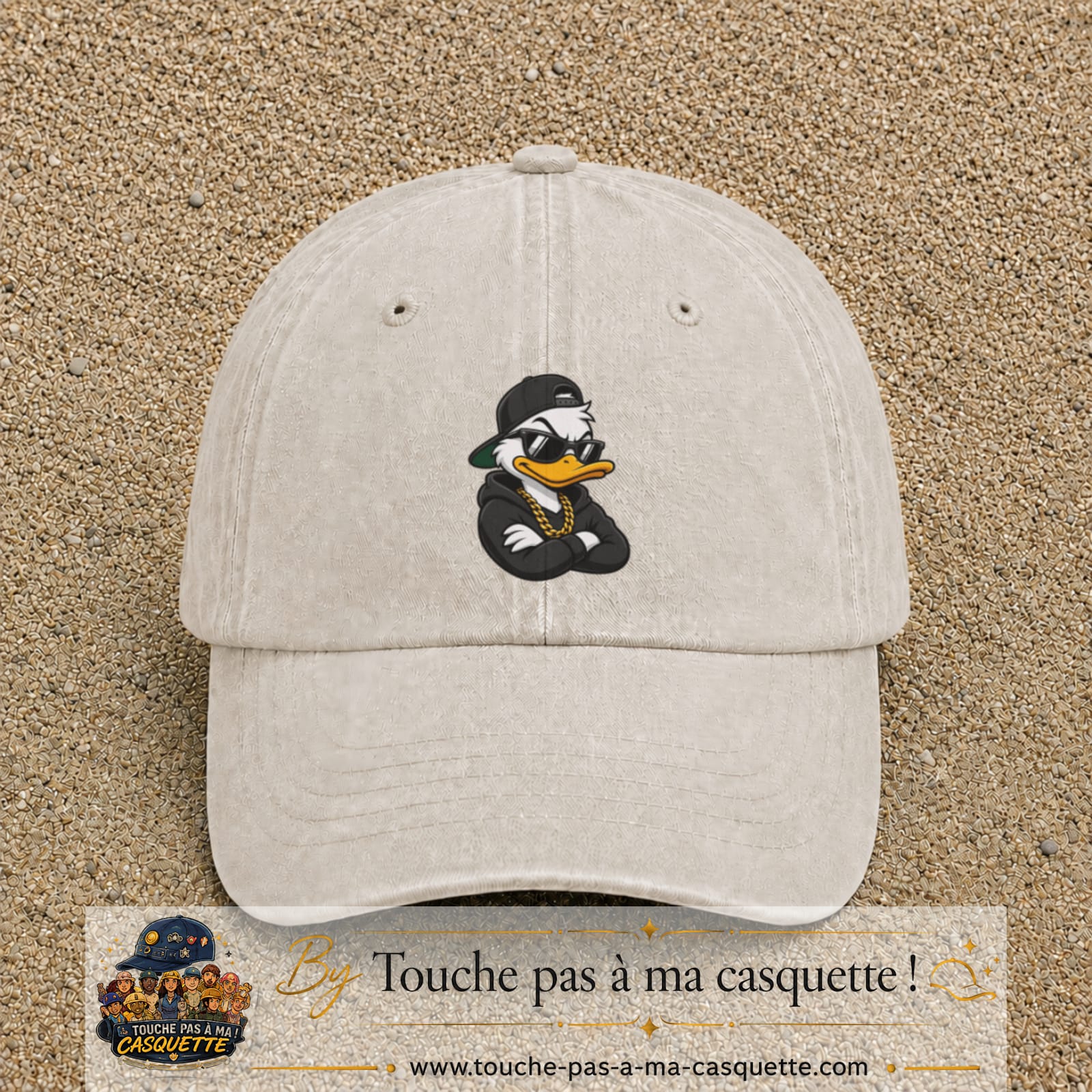 Casquette baseball Beige clair délavé 100% coton avec visuel Canard hip-hop 7 cm - image produit principale