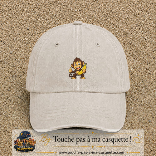 Casquette baseball Beige clair délavé 100% coton avec motif Singe à la banane 3 cm - image principale