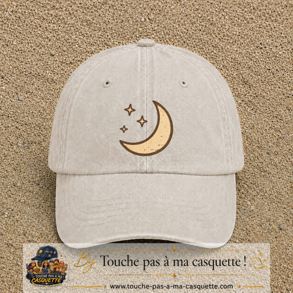 Casquette Beige clair délavé 100% coton avec motif Lune et étoiles bohèmes 7 cm - image principale