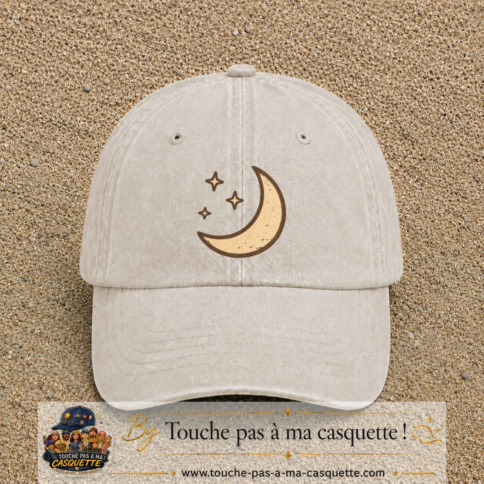 Casquette Beige clair délavé 100% coton avec motif Lune et étoiles bohèmes 7 cm - image principale