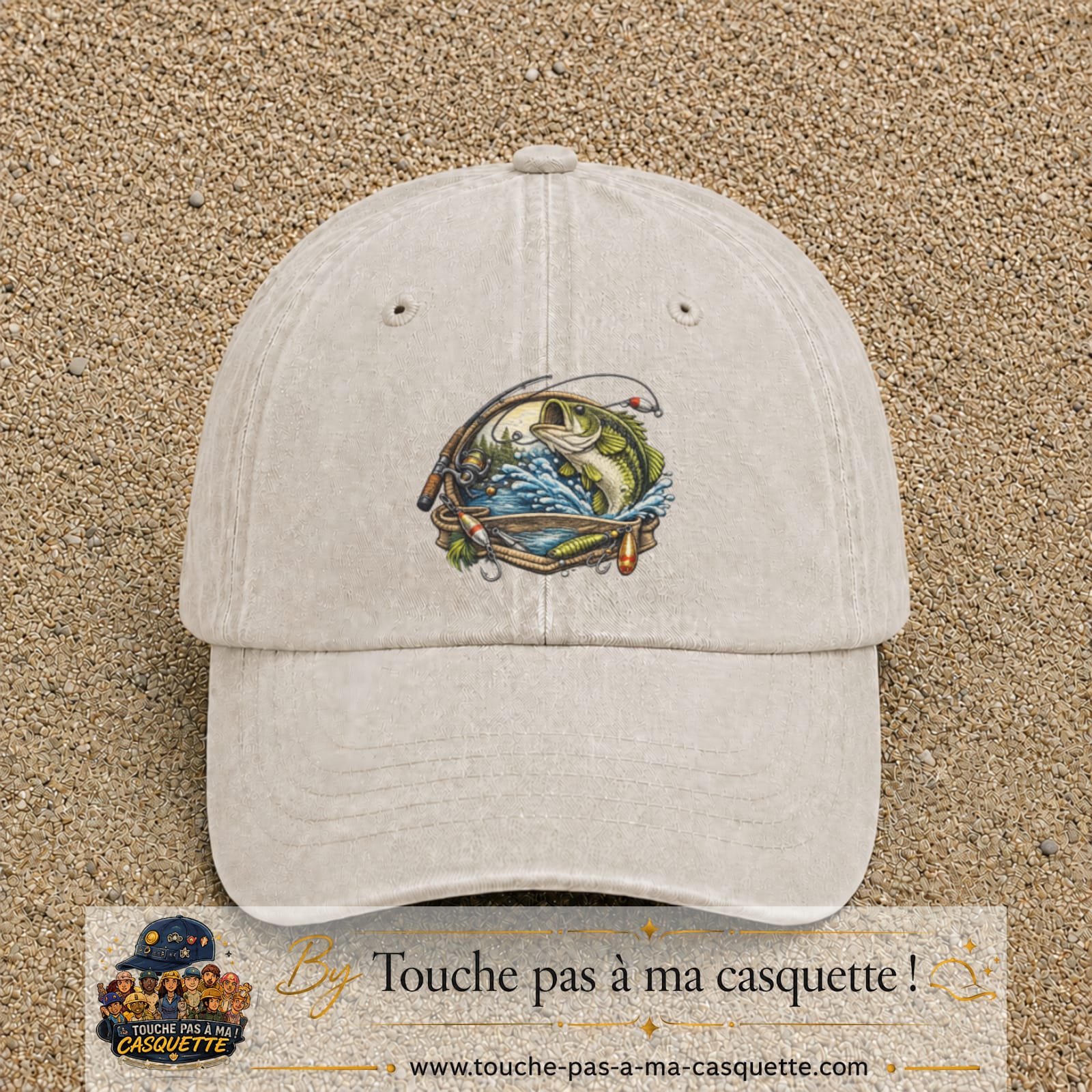 Casquette Beige clair délavé motif Pêche sportive 7 cm - vue principale