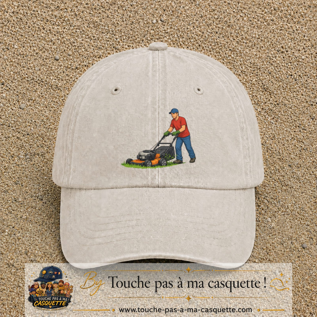 Casquette baseball Beige clair délavé 100% coton avec motif Jardinier avec tondeuse 7 cm - image principale