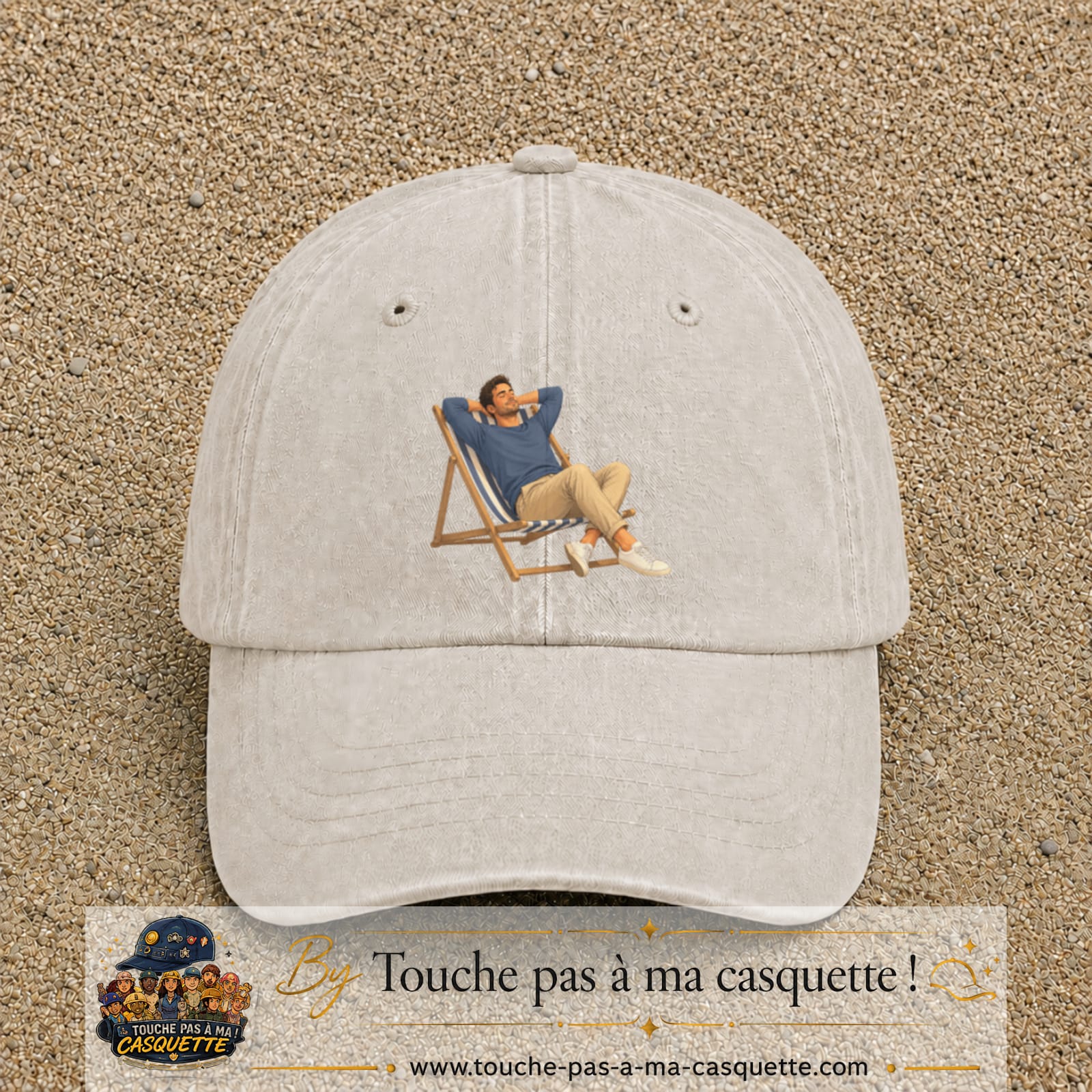 Casquette Beige clair délavé 100% coton avec motif Pause soleil transat 7 cm - image principale