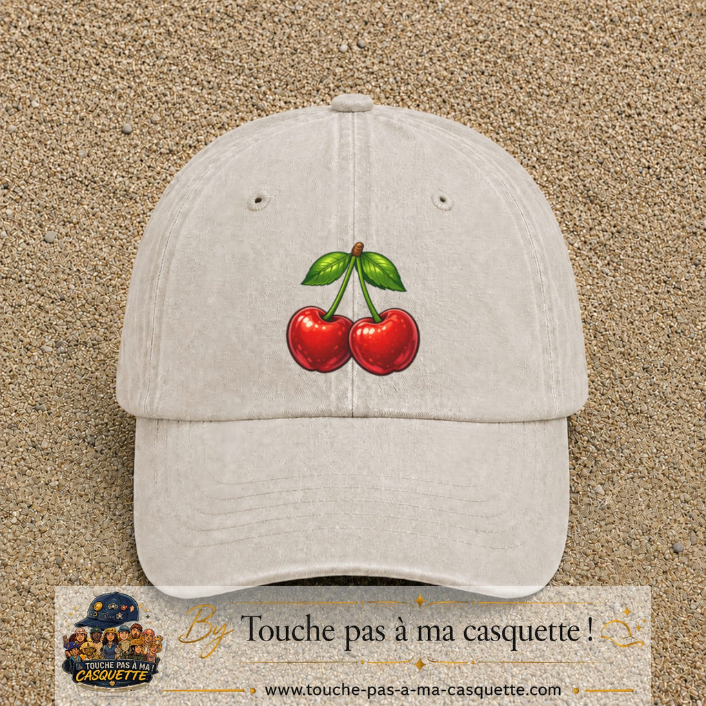 Casquette baseball Beige clair délavé 100% coton avec visuel Cerises 7 cm - image produit principale