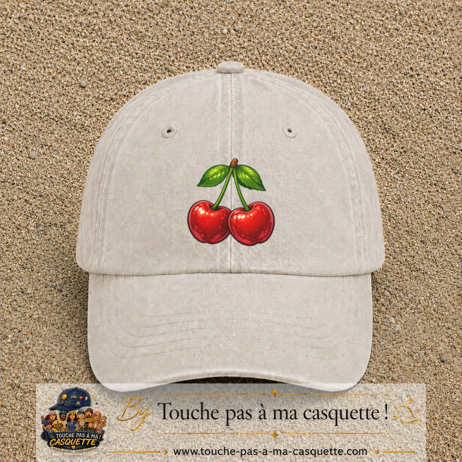 Casquette baseball Beige clair délavé 100% coton avec visuel Cerises 7 cm - image produit principale