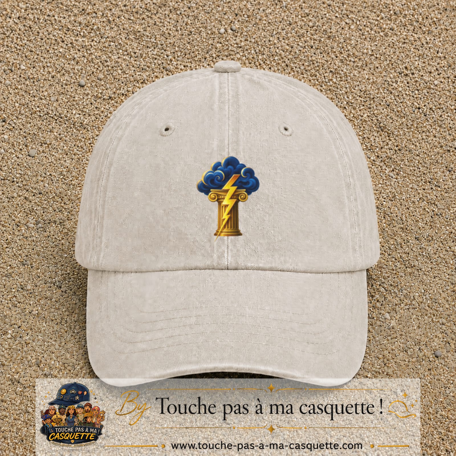 Casquette Beige clair délavé 100% coton avec motif Orage antique et éclair doré 7 cm - image principale