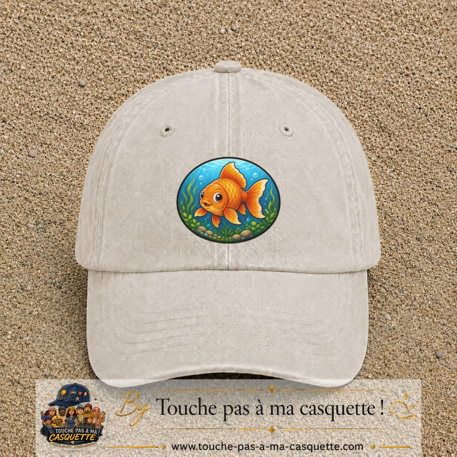 Casquette baseball Beige clair délavé 100% coton avec visuel Poisson rouge ovale 7 cm - image produit principale