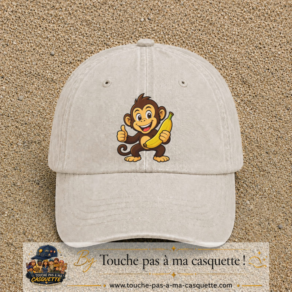 Casquette baseball Beige clair délavé 100% coton avec motif Singe à la banane 7 cm - image principale