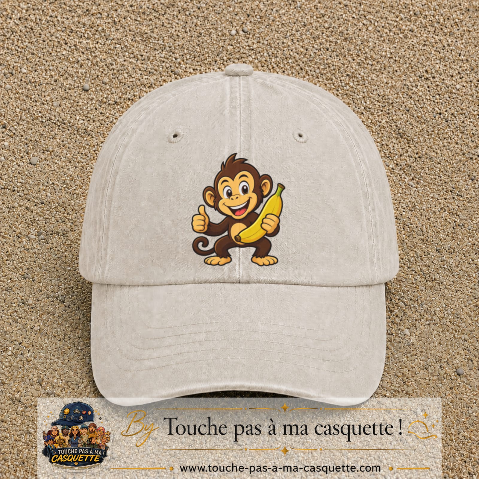 Casquette baseball Beige clair délavé 100% coton avec motif Singe à la banane 7 cm - image principale