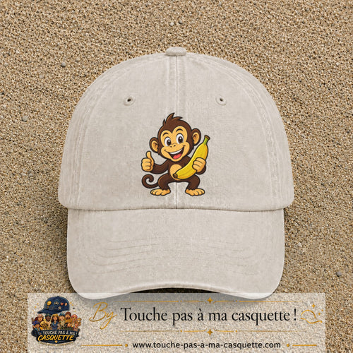 Casquette baseball Beige clair délavé 100% coton avec motif Singe à la banane 7 cm - image principale