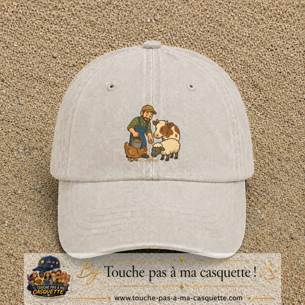 Casquette Beige clair délavé 100% coton avec motif Fermier et animaux 7 cm - image principale