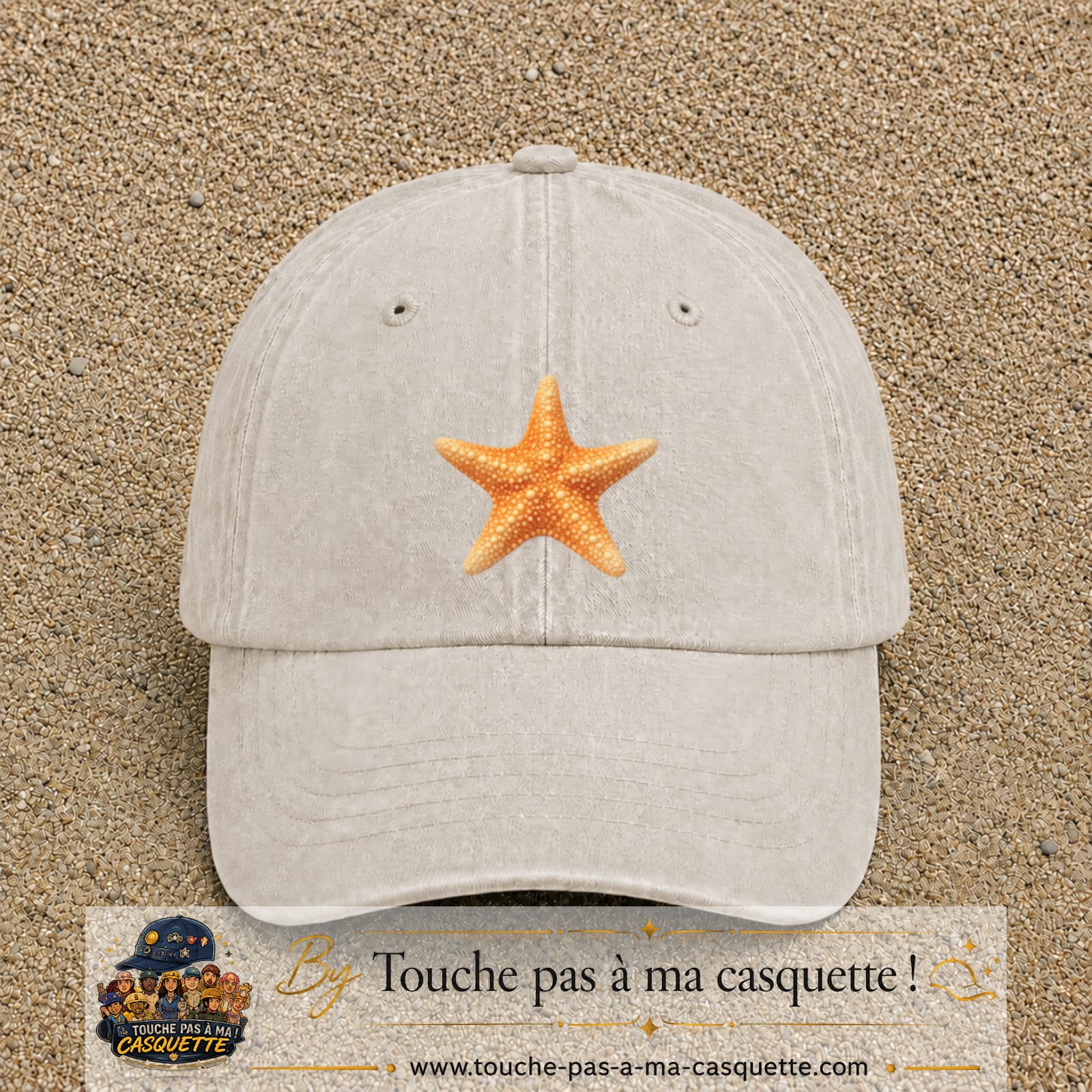 Casquette baseball Beige clair délavé 100% coton avec visuel Étoile de mer 7 cm - image produit principale
