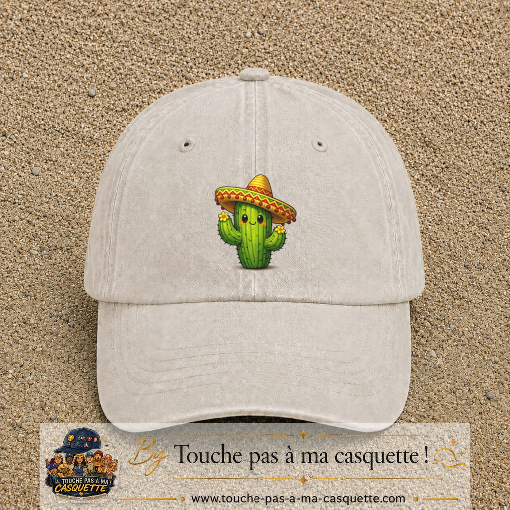 Casquette baseball Beige clair délavé 100% coton avec visuel Cactus sombrero 7 cm - image produit principale