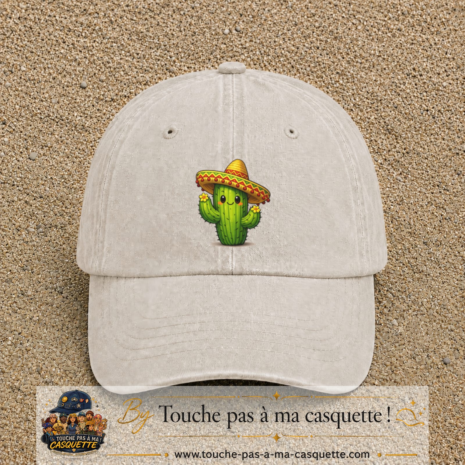 Casquette baseball Beige clair délavé 100% coton avec visuel Cactus sombrero 7 cm - image produit principale