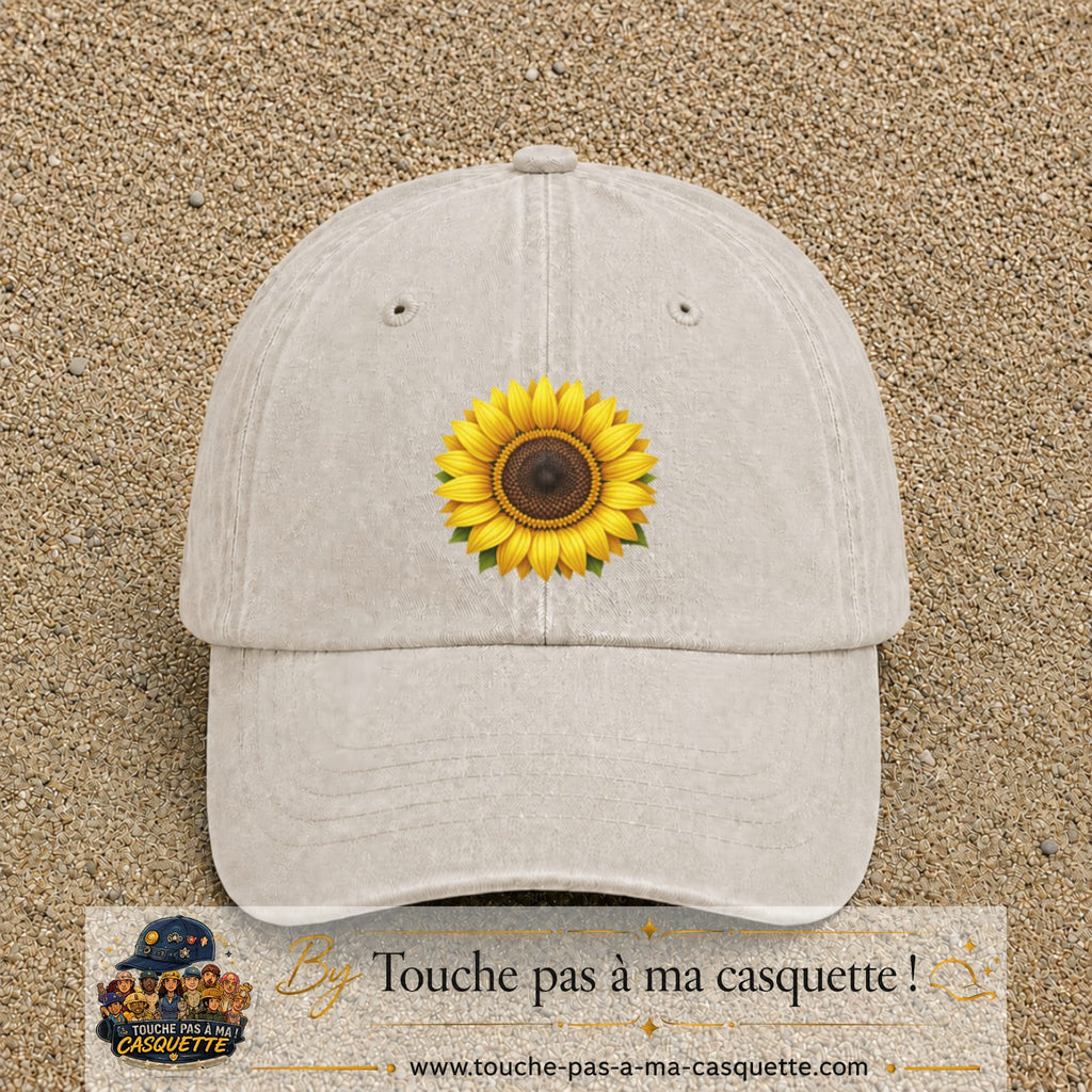 Casquette Beige clair délavé motif Tournesol éclatant 7 cm - vue principale